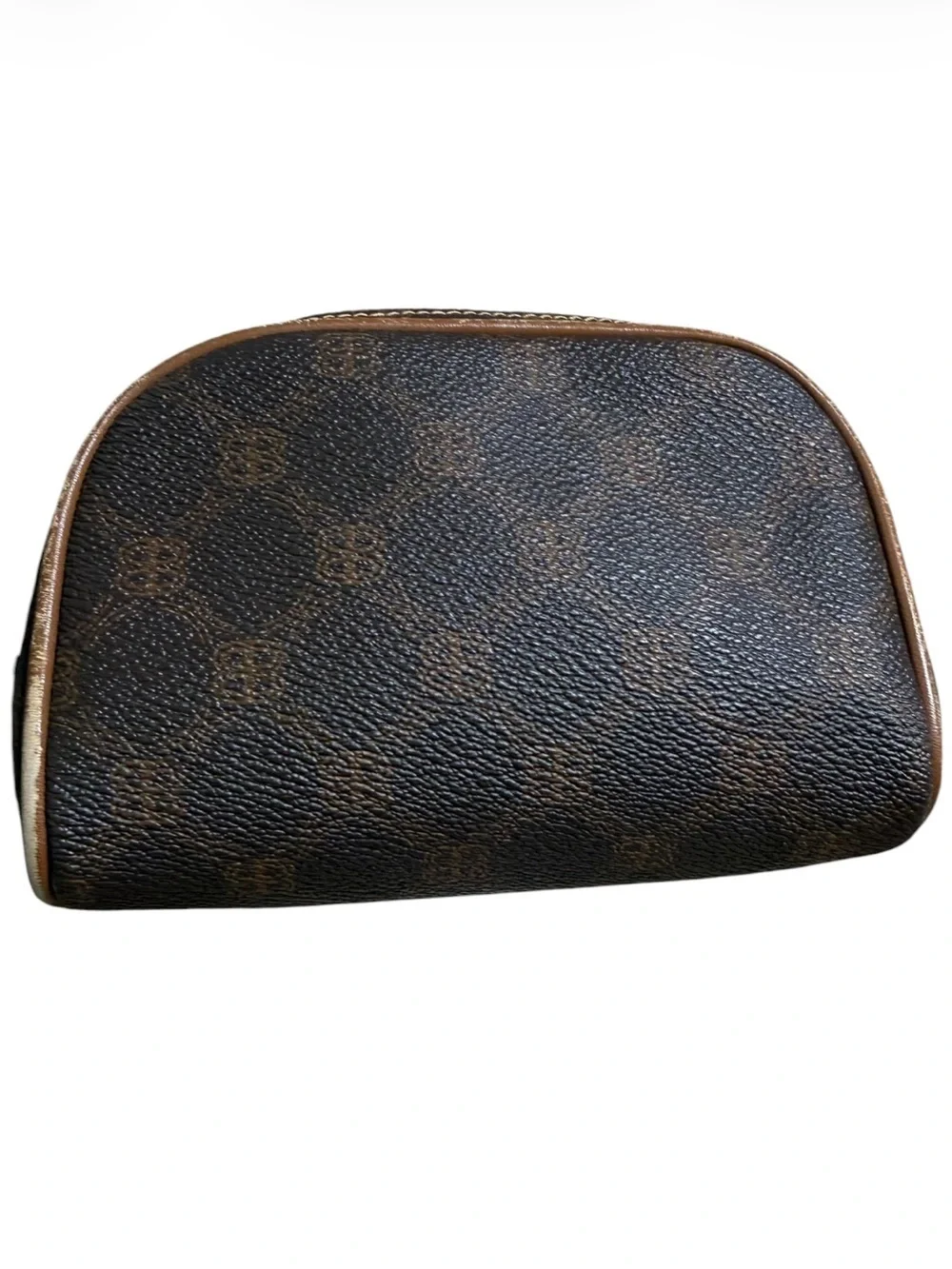 Vintage Bally International Monogram Cosmetic Bag Made in Italy Brown Zip Pouch